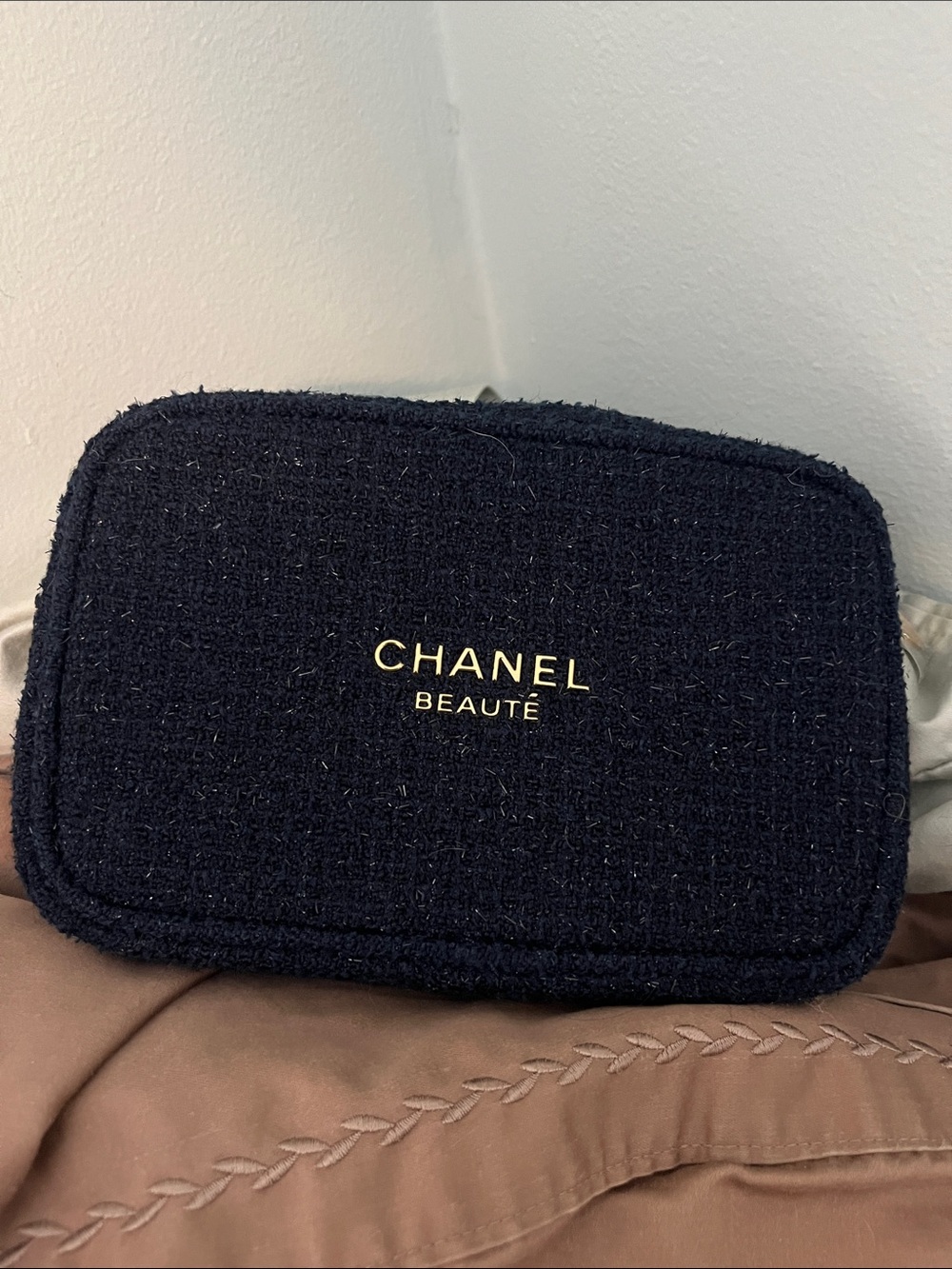 CHANEL Black Tweed Logo Cosmetic Pouch with Gold Foil
